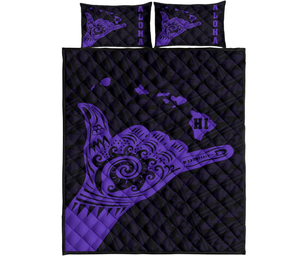 Hawaii Shaka Map Polynesian Quilt Bed Set - Purple Art - Polynesian Pride