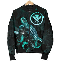 Hawaii Polynesian Men's Bomber Jacket - Turtle With Blooming Hibiscus Turquoise - Polynesian Pride