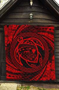 Hawaiian Kanaka Honu Hibiscus Tornando Red Polynesian Premium Quilt - Polynesian Pride