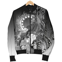 Cook Islands Men's Bomber Jacket - Humpback Whale with Tropical Flowers (White) - Polynesian Pride