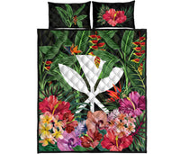 Kanaka Maoli ( Hawaiian) Quilt Bed Set - Coat Of Arms Tropical Flowers And Banana Leaves Black - Polynesian Pride