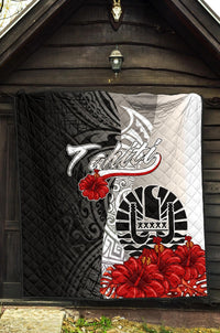 Tahiti Polynesian Premium Quilt - Coat Of Arm With Hibiscus White - Polynesian Pride