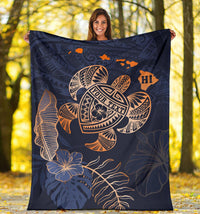 Personalized - Hawaii Kakau Polynesian Turtle Map Premium Blanket - Indigo Premium Blanket - Polynesian Pride