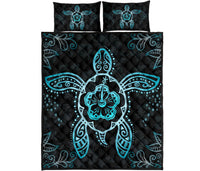 Hawaii Quilt Bed Set - Turtle Hibiscus Blue Quilt Bed Set Blue - Polynesian Pride