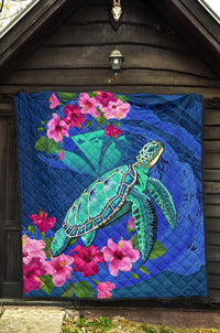 Hawaii Honu Aumakua Sea Hibiscus Premium Quilt - Nin Style - Polynesian Pride