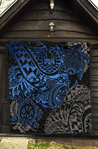 Tahiti Polynesian Premium Quilt - Blue Turtle Hibiscus Flowing - Polynesian Pride