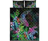Hawaii Shark Turtle Tropical Polynesian Quilt Bed Set - Happy Style - AH Black - Polynesian Pride