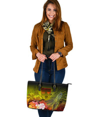 Fiji Large Leather Tote Bag - Humpback Whale with Tropical Flowers (Yellow) - Polynesian Pride