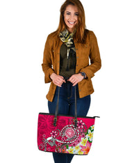 American Samoa Polynesian Large Leather Tote Bags - Turtle Plumeria (Pink) - Polynesian Pride