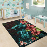 Polynesian Area Rug Turtle And Shark - Hibiscus Turquoise - Polynesian Pride