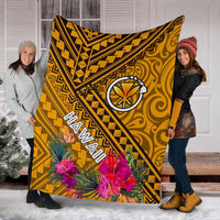 Hawaii Premium Blanket - Kanaka Maoli With Hibiscus On Polynesian Patterns (YELLOW) - Polynesian Pride