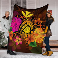 Hawaii Turtle Tribal Map Hibiscus Plumeria Premium Blanket - Polynesian Pride