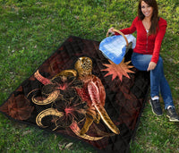 Nauru Polynesian Premium Quilt - Turtle With Blooming Hibiscus Gold - Polynesian Pride