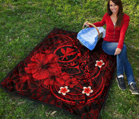 Polynesian Hawaii Kanaka Maoli Premium Quilt - Humpback Whale with Hibiscus (Red) - Polynesian Pride