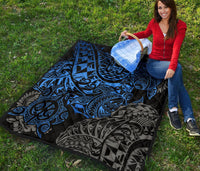 Tahiti Polynesian Premium Quilt - Blue Turtle Hibiscus Flowing - Polynesian Pride