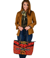 Anzac Lest We Forget Poppy Large Leather Tote New Zealand Maori Silver Fern - Australia Aboriginal - Polynesian Pride