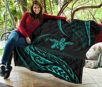 Hawaii Turtle Hibicus Premium Quilt - Frida Style - Turquoise - Polynesian Pride