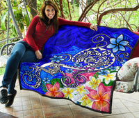 Polynesian Premium Quilt - Turtle Plumeria Blue Color - Polynesian Pride