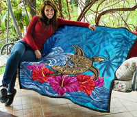 Hawaii Sea Turtle Hibiscus Coconut Tree Premium Quilt - Polynesian Pride