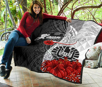 Tahiti Polynesian Custom Personalised Premium Quilt - Coat Of Arm With Hibiscus White - Polynesian Pride