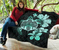 Hawaiian Kanaka Hibiscus Plumeria Mix Polynesian Turtle Premium Quilt Turquoise AH - Polynesian Pride