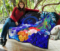 Custom Personalised Chuuk Premium Quilt - Humpback Whale with Tropical Flowers (Blue) - Polynesian Pride