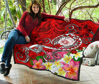 Hawaii Polynesian Premium Quilt - Hawaii Seal With Turtle Plumeria (Red) - Polynesian Pride