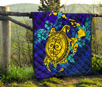 Hawaii Polynesian Premium Quilt - Hawaii Yellow Turtle Map & Torquoise Hibiscus - Polynesian Pride