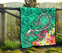 Hawaii Premium Quilt - Turtle Plumeria Polynesian Tattoo Turquoise Color - Polynesian Pride