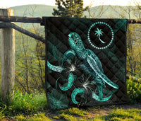 Chuuk Polynesian Premium Quilt - Turtle With Blooming Hibiscus Turquoise - Polynesian Pride