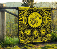 Hawaii Premium Quilt - Hawaii Map Honu Hibiscus Yellow Polynesian Premium Quilt - Polynesian Pride