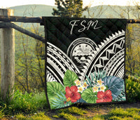 FSM Premium Quilt - FSM Coat of Arms & Polynesian Tropical Flowers White - Polynesian Pride