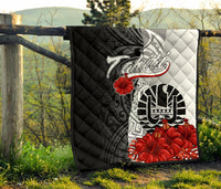 Tahiti Polynesian Premium Quilt - Coat Of Arm With Hibiscus White - Polynesian Pride