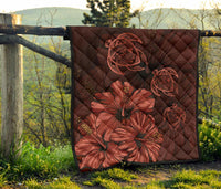 Hawaiian Map Hibiscus Turtle Vintage Polynesian Premium Quilt Red - Polynesian Pride