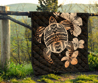Hawaiian Kanaka Hibiscus Plumeria Mix Polynesian Turtle Premium Quilt Orange AH - Polynesian Pride