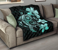 Hibiscus Plumeria Mix Polynesian Turquoise Turtle Premium Quilt - Polynesian Pride
