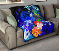 Federated States of Micronesia Premium Quilts - Humpback Whale with Tropical Flowers (Blue) - Polynesian Pride