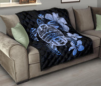 Hawaiian Kanaka Hibiscus Plumeria Mix Polynesian Turtle Premium Quilt Blue AH - Polynesian Pride