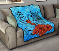 Hawaiian Map Kanaka Sea Turtle Seal Of Hawaii Hibiscus Plumeria Polynesian Quilt - Polynesian Pride