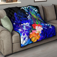 Guam Premium Quilt - Humpback Whale with Tropical Flowers (Blue) Blue - Polynesian Pride