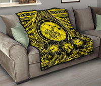 Hawaii Premium Quilt - Hawaii Map Honu Hibiscus Yellow Polynesian Premium Quilt - Polynesian Pride