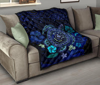 Hawaiian Blue Ocean Honu And Flowers Premium Quilt - Polynesian Pride