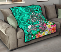 Polynesian Premium Quilt - Turtle Plumeria Turquoise Color - Polynesian Pride