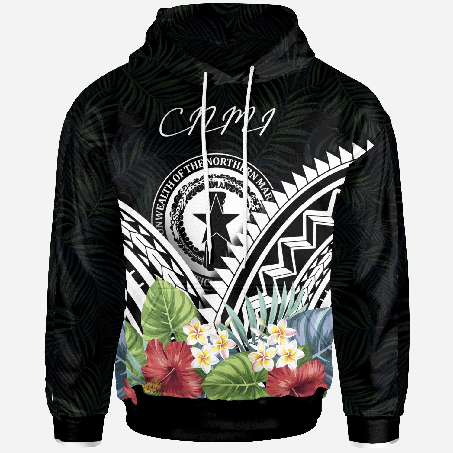 CNMI Hoodie CNMI Coat of Arms & Polynesian Tropical Flowers White Unisex White - Polynesian Pride