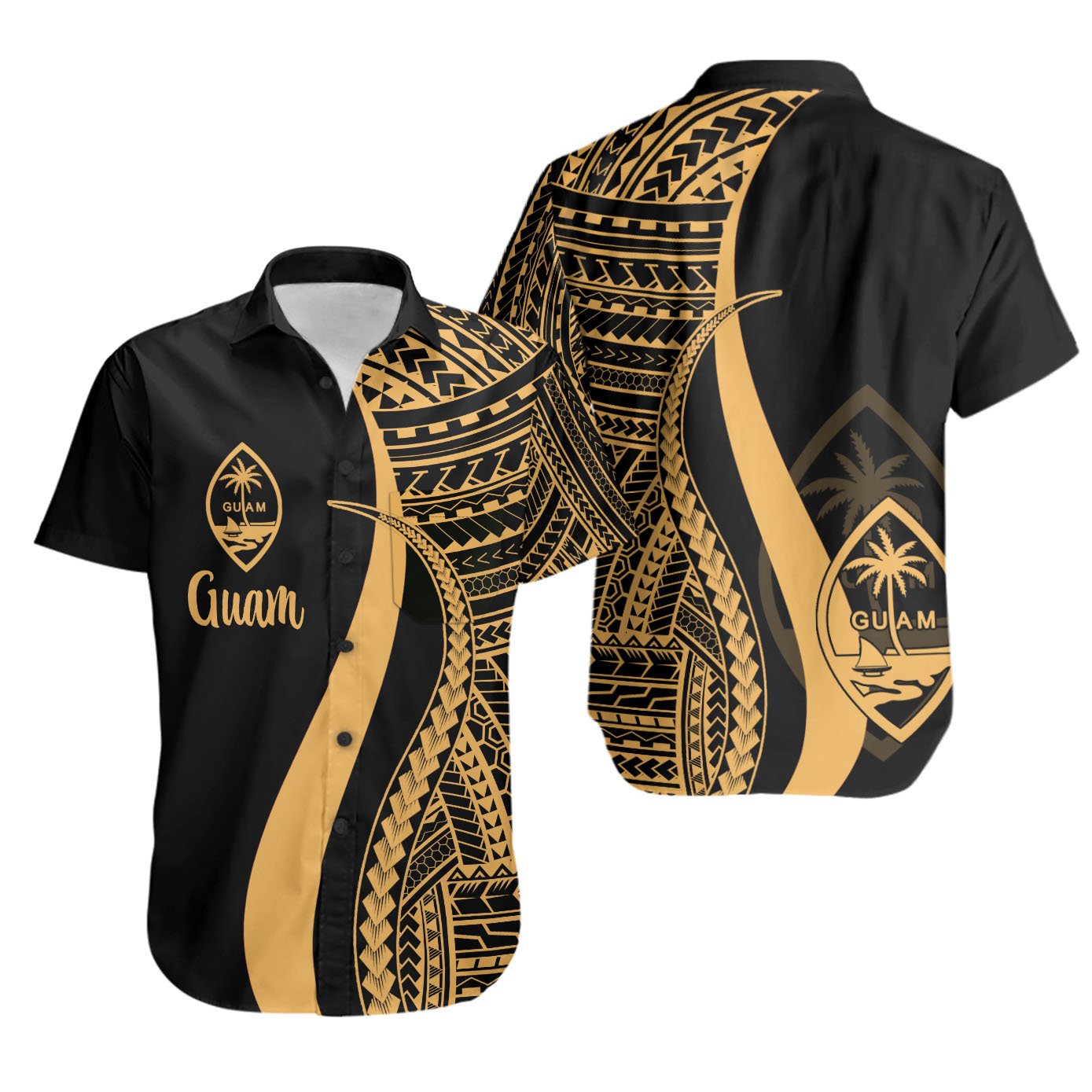 Guam Short Sleeve Shirts - Gold Polynesian Tentacle Tribal Pattern Unisex Gold - Polynesian Pride