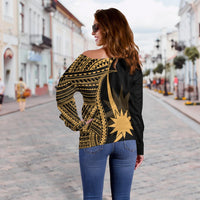 Nauru Women's Off Shoulder Sweater - Gold Polynesian Tentacle Tribal Pattern - Polynesian Pride