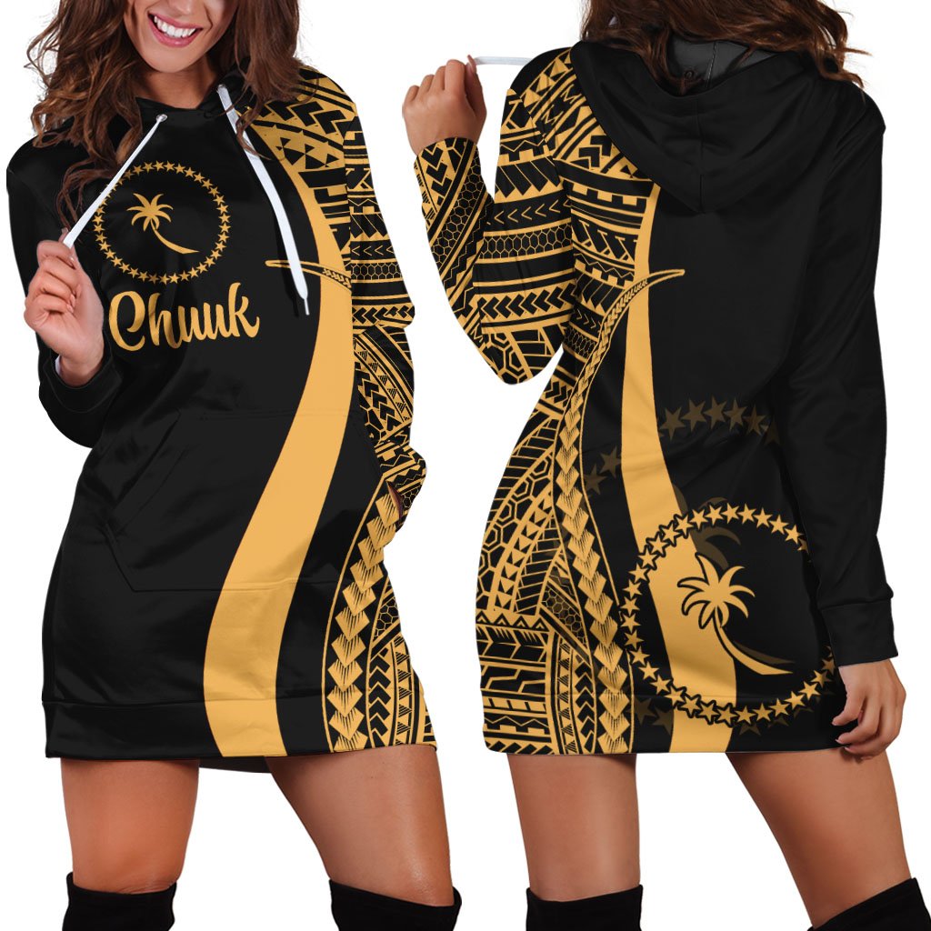 Chuuk Women's Hoodie Dress - Gold Polynesian Tentacle Tribal Pattern Gold - Polynesian Pride