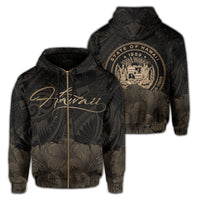 Polynesian Hibiscus Seal of Hawaii Zip Hoodie Gold Unisex Gold - Polynesian Pride