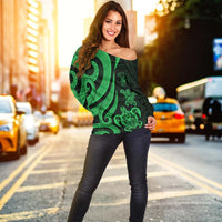 Niue Women's Off Shoulder Sweater - Green Tentacle Turtle - Polynesian Pride