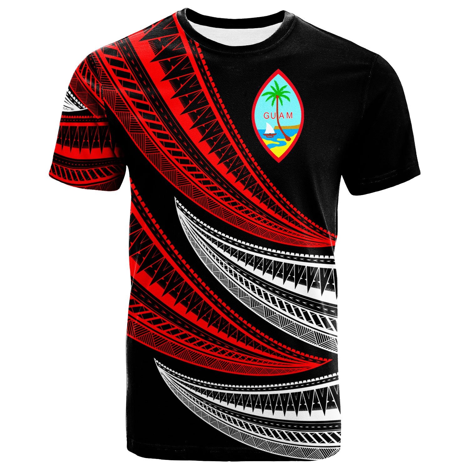 Guam Custom T Shirt Wave Pattern Alternating Red Color Unisex Black - Polynesian Pride